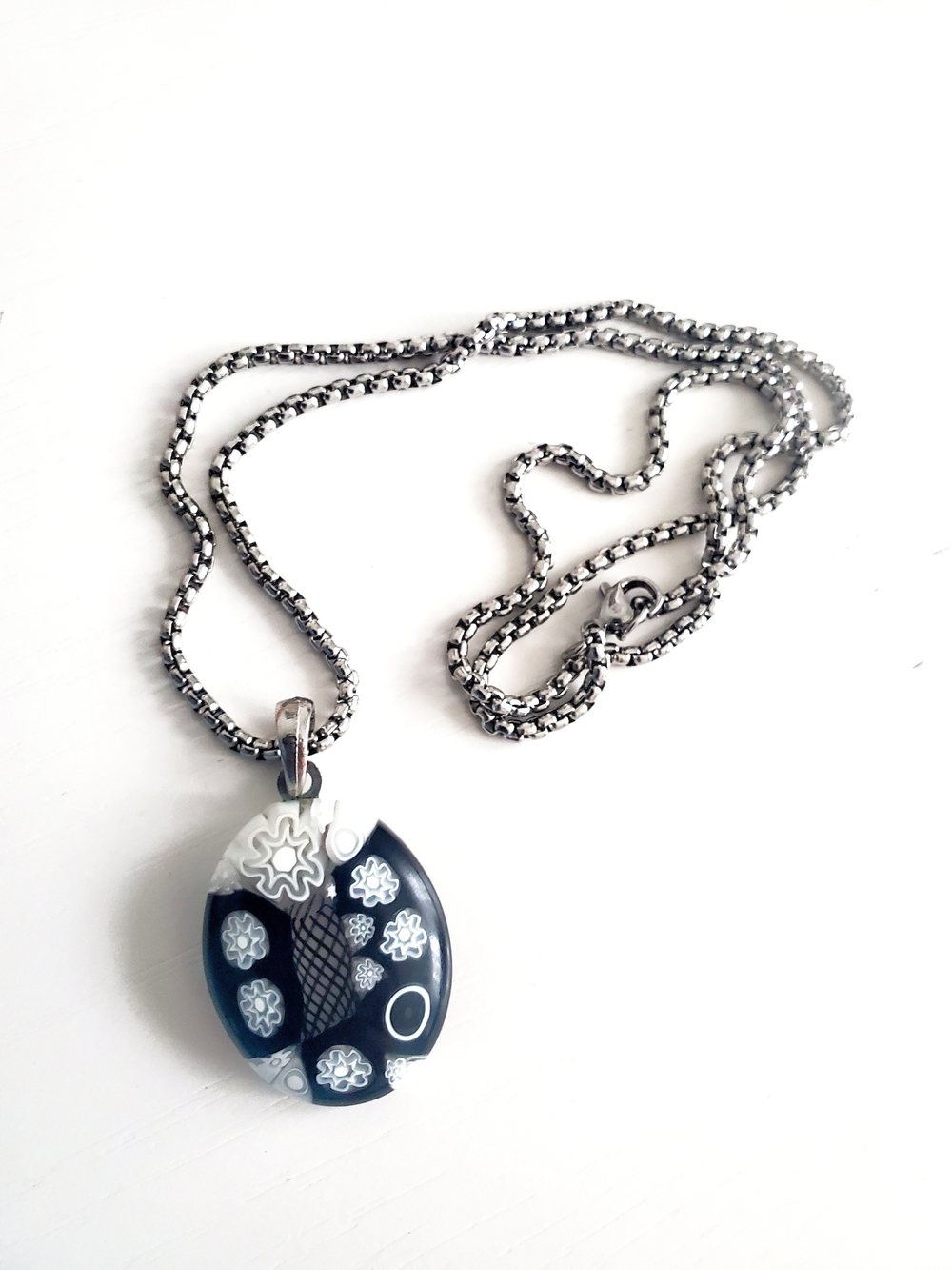 Silver Black & White Millefiori Glass Pendant Necklace